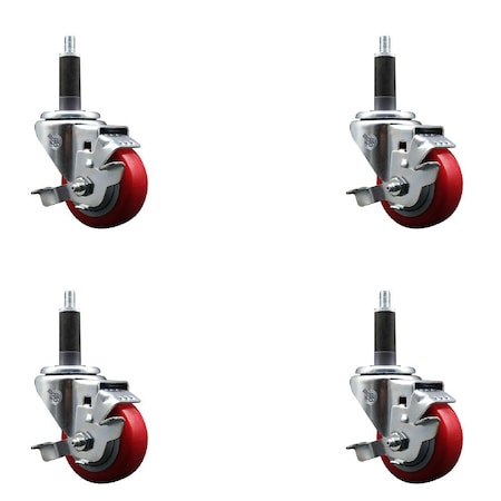 Service Caster 3'' SS Red Poly Swivel 1'' Expanding Stem Caster Set with Brake, 4PK SCC-SSEX20S314-PPUB-RED-TLB-1-4